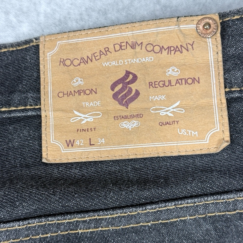 Rocawear Jeans Mens 42x34 Dark Wash Straight Leg Embroidered Logo Y2K HipHop - Picture 8 of 13